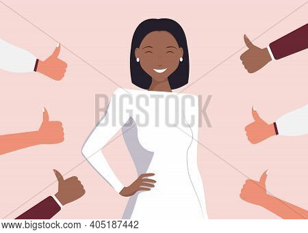 Cheerful Young Black Woman Is Surrounded By Hands With Thumbs Down. The Concept Of Public Disapprova