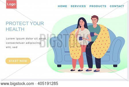 Protect Human Health Concept. Guy With Sick Girl Sitting On Couch Communicate At Home. People On Sel