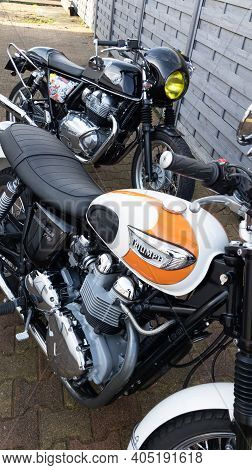 Bordeaux , Aquitaine  France - 01 24 2021 : Triumph Bonneville T100 And Royal Enfield Gt Interceptor