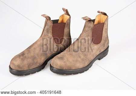 Bordeaux , Aquitaine  France - 01 24 2021 : Blundstone Brown Shoes Working Boots On White Background