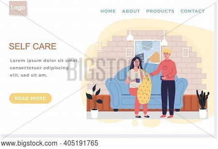Internet Website Layout. Self Care Concept. Man Giving Pills To Sick Woman. Girl Takes Antiviral. Fe