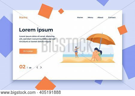 Depressed Woman On Sea Beach. Sad Girl Sitting On Sand Under Umbrella Flat Vector Illustration. Majo