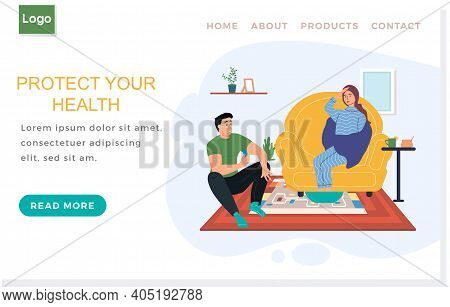 Landing Page Template. Protect Human Health Concept. Guy With Sick Girl Playing Board Game. People O