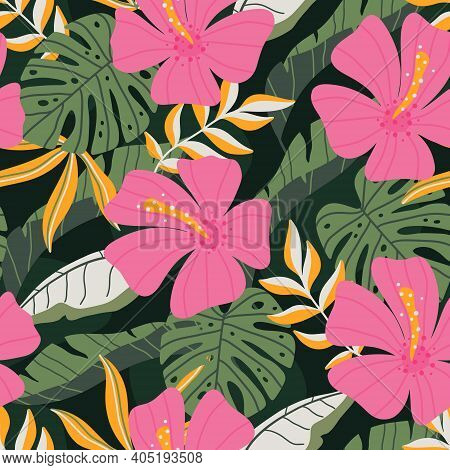 Tropical Seamless Pattern With Colorful Leaves, Monstera Leaves And Hibiscus Flower. Floral Hand Dra