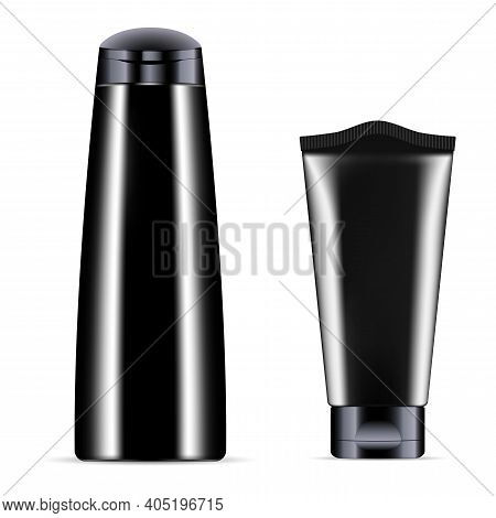 Black Plastic Bottle And Tube Mockup. Cosmetic Package Design For Body Lotion, Face Care Cream. Sham