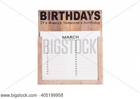 Birthday Calander Isolated On White Background - March