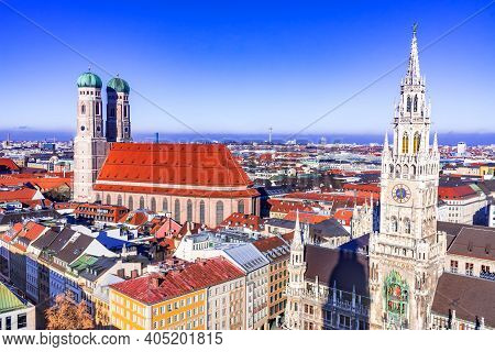 Munich, Germany. Aerial View Of The Ancient Medieval Gothic Architecture City Hall Building At The M