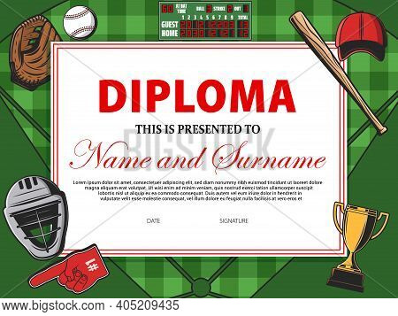 Baseball Certificate, Sport Award Diploma And Cup Winner Appreciation, Vector Template Border. Baseb