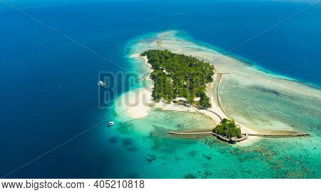 Little Liguid Island With Beautiful Beach, Palm Trees By Turquoise Water View From Above. Little Cru