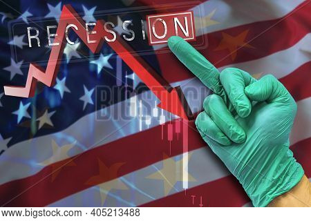 Recession Graph. Financial Crisis Concept. Red Falling Arrow And Human Hand Making A Fack Gesture Ag