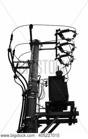 Pole Mounted Transformer Station From Medium To Low Voltage, Black And White Image