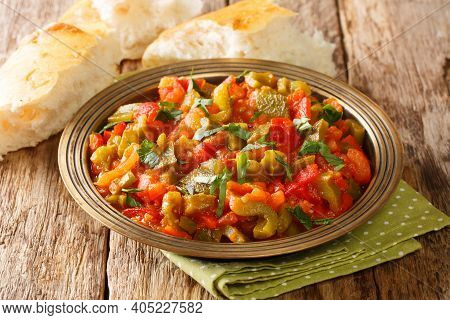 Moroccan Food Taktouka Pepper And Tomato Salad With Garlic Dressed With Olive Oil Close-up In A Plat
