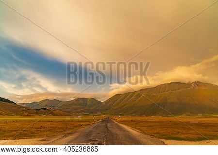 landscape near Castelluccio village in National Park Monte Sibillini, Umbria region, Italy