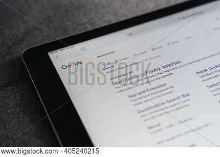 Poltava, Ukraine - Jan 2021 Googling Duckduckgo Searching Engine For Private Online Usage. Data Secu