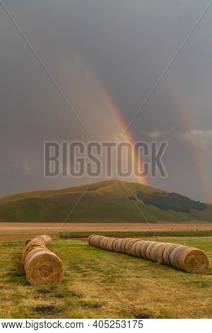 landscape near Castelluccio village in National Park Monte Sibillini, Umbria region, Italy