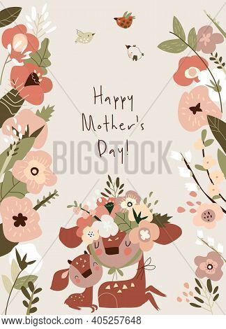 Cartoon Deer Family. Mother And Baby. Cute Animals For Mothers Day. Animals Mom And Baby.