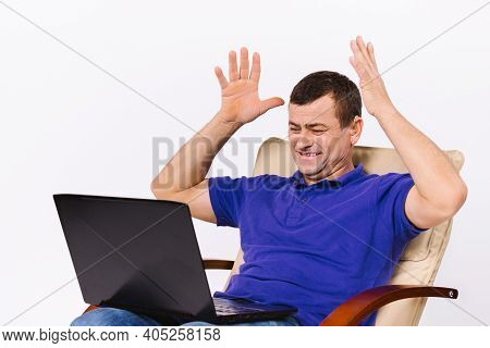 A Deaf Man With A Laptop Raised Both Hands Up In A Gesture Indicating That He Is Happy. Video Commun