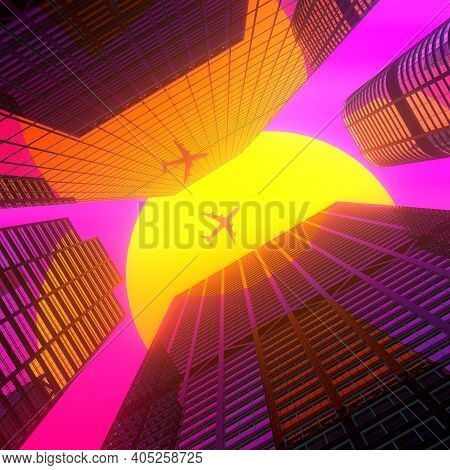 Retrowave Skyskrapers Cityscape Landscape With Airplane View