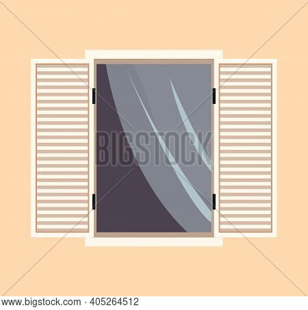 Window With Transparent Glass. Large Window With Curtains And Open Shutters. Window Isolated On The 