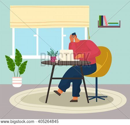 Programmer Man In Eyeglasses With On Table Sitting And Using Computer. Quarantine Distance Work. Fre