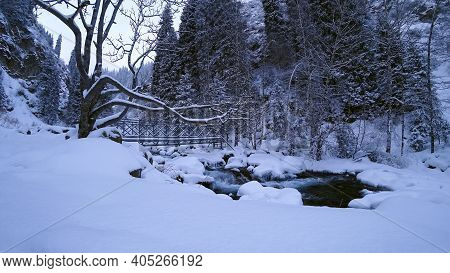 A Winter Forest, A Swirling River, And A Bridge. All The Trees Are Covered With Snow. Steep Cliffs O