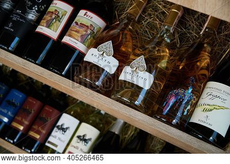 Lviv, Ukraine, September, 2019. Bottles Of Red Wine Of Various Kinds And Brands At The Wine Festival