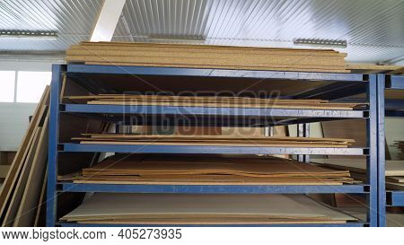 Shelves With Material For Furniture Production. Wood For The Manufacture And Construction Of Furnitu