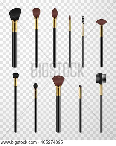 Makeup Brushes, Comb For Eyebrows, Spoolie With Black Plastic Rods Realistic Set. Cosmetic Tools.