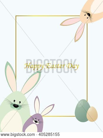 Easter Greeting Card With Bunnies And Easter Eggs. Vector Illustration