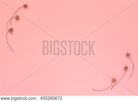 Frame Made Of Artificial Flowers On Pink Background With Place For Text. Valentines Day, Internation