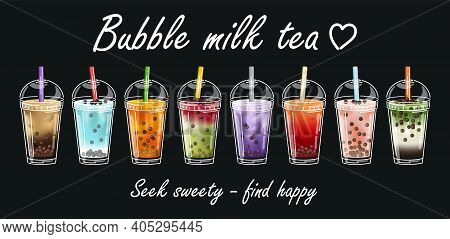 Bubble Tea Milk. Cocktail Collection. Yummy Drinks, Coffees And Soft Drinks With Logo And Doodle Sty