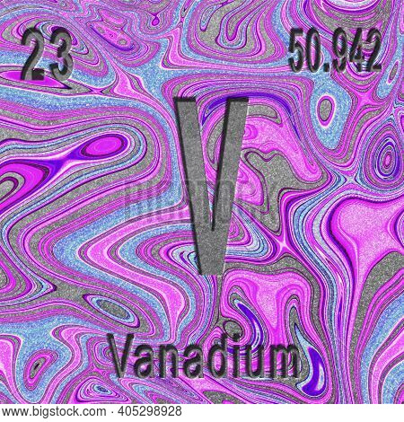 Vanadium Chemical Element, Sign With Atomic Number And Atomic Weight, Purple Background, Periodic Ta