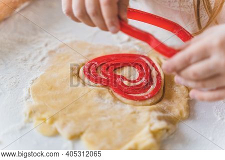 Little Girls, Sisters Cooking Homemade Heart Shaped Cookies For Valentine's Day. Holiday For All Lov