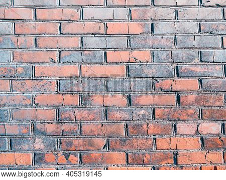 Full Frame Background Of Detailed Old Red Brick Wall With Copy Space. Red Brick Wall. Close-up Old B