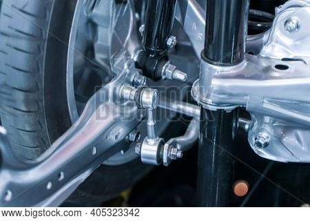 electric system of eco car front driving axle in the car, visible elements of the steering system