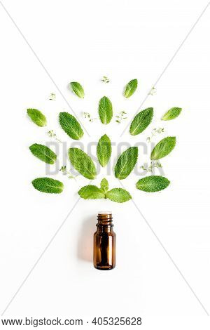 Essential Oil And Greenmint Leaves On White Background. Medicinal Herbs. Flat Lay. Top View.