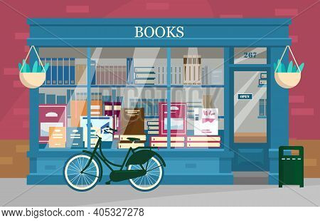 Vector Illustration Of Book Shop Showcase With Lots Of Books With Bicycle Outside. Book Shop Exterio