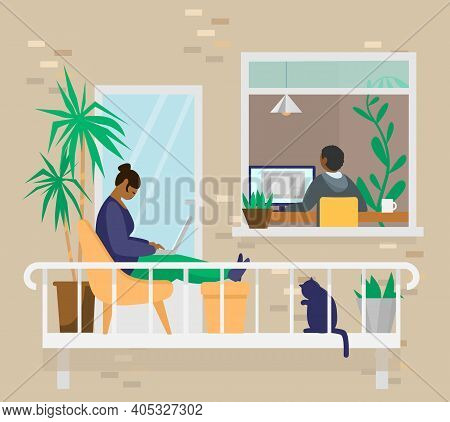 Afroamerican Family At Home. Mother With Cat Working On Balcony, Son Studying Online. Home Office. H