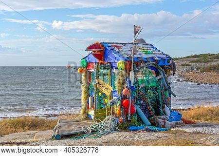 Hvaler, Norway - October 27, 2016: Shed Made From Ocean Drift Plastic Recycling Environment Conserva