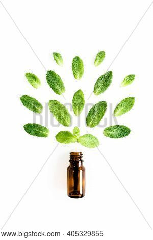 Essential Oil And Greenmint Leaves On White Background. Medicinal Herbs. Flat Lay. Top View.