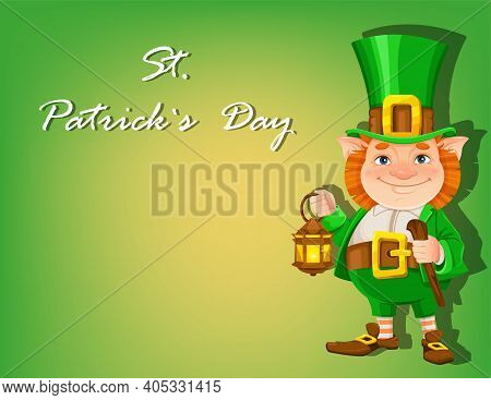 Stock Vector Leprechaun. Happy St Patrick's Day Greeting Card On Green Background. Cheerful Leprecha