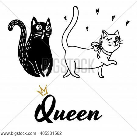 Vector Illustration In Doodle Style. The Cute Black Cat Fell In Love With The Arrogant Beautiful Whi