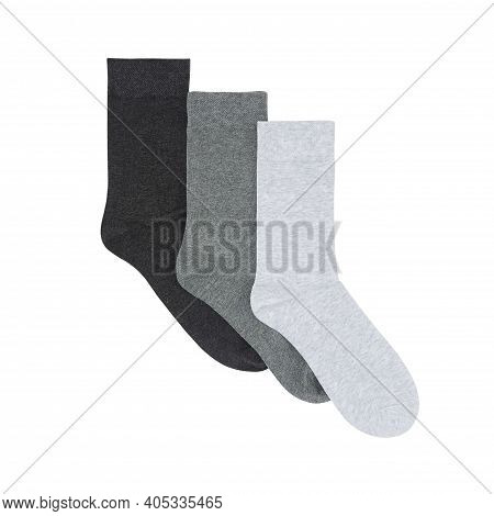 Set Of Short Socks White, Grey, Black Isolated On White Background. Three Pair Of Socks In Different