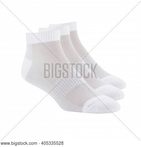 White Color Short Mini Socks Mockup For Design Isolated On White Background. Set Of Short Socks For 