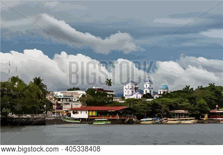 Catemaco, Veracruz, Waterfront And Church Cloudy Illustration