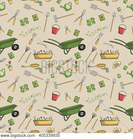 Decorative Garden Tools Seamless Wallpaper Or Background Retro Print Pattern Vector Illustration