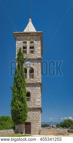 Bell And Clock Tower Of A Church Of The Nativity Of The Blessed Virgin Mary In Zaton With Graveyard 