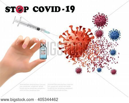Coronavirus Vaccine Background. Hand Holding Bottle With Vaccine Destroying Virus Covid - 19 Molecul