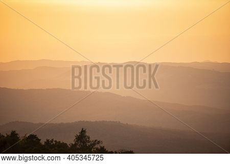 View Sunset On Mountain With Hill Warm Light Sun, Beautiful Landscape Tree Nature Sunrise