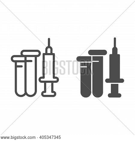 Test Tubes And Syringe Line And Solid Icon, Injections Concept, Medical Ampoule Vaccine And Needle S